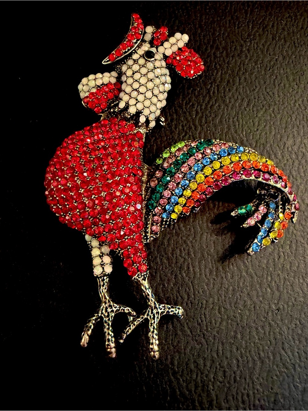 Red Crystal Rooster Brooch with Rainbow Tail